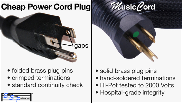 Cheap Plug With Weak Pins Loose Crimp Joints Versus MusicCord Plug With Solid Pins Soldered Joints - Essential Sound Products