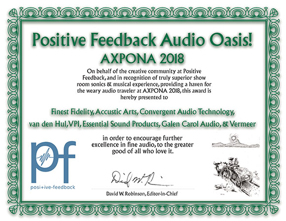 Positive Feedback Audio Oasis Award - AXPONA 2018 - Essential Sound Products