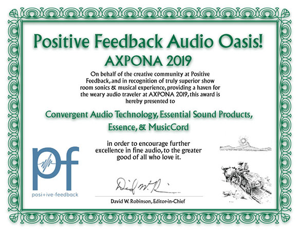 Positive Feedback Audio Oasis Award - AXPONA 2019 - Essential Sound Products