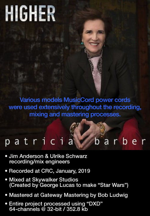 MusicCord Power Cords Used Throughout Recording Process For Patricia Barber Higher Album- Essential Sound Products